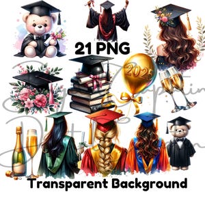Aquarell Graduierung Clipart | 21 PNG digitaler Download | Floral Grad Cap Clipart | Sublimationsdiplom PNG | Mixed Media Abschluss Design
