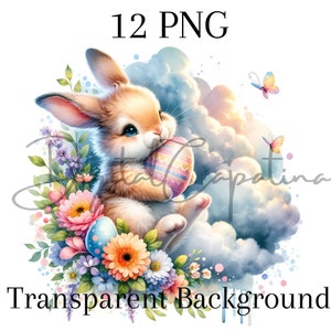 Acuarela Conejito con Huevos Clipart 12 PNG Primavera Clipart Descarga Digital Impresiones de Pascua Invitación de Pascua Artesanías de Pascua Arte imprimible de Pascua