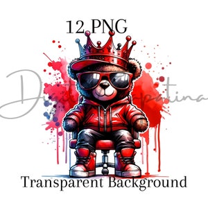 Watercolor Cool King Bear PNG 12 Sublimation Shirt Hoodie Designs Digital Download Birthday Clipart Hip Hop Bear Rapper Bear Commercial Use
