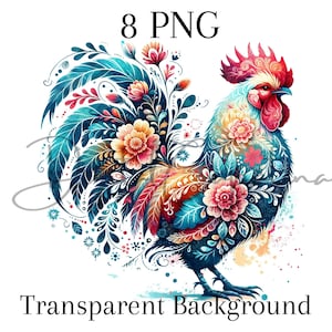 水彩花柄 雄鶏 8 PNG ヴィンテージ 雄鶏 デジタルダウンロード 印刷可能なアート ミックスメディア デジタルペーパークラフト デジタルイラスト 鳥