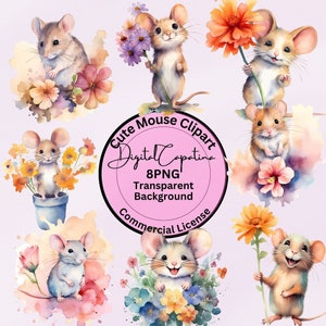 Acuarela Ratón Clipart 8PNG Descarga digital Licencia comercial Mixed Media Art Digital Clipart Impresiones digitales Planificador digital Sublimación