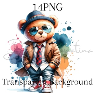 Aquarell Cooler Bär Cliparts PNG 14 Sublimation Shirt Hoodie Designs Digital Download Geburtstag Clipart, bunter Png transparenter Hintergrund