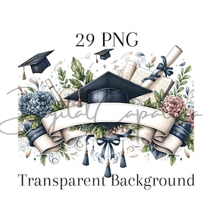 Aquarel afstuderen clipart 29 PNG digitale download mixed media Grad bloemen clipart, afstuderen pngs sublimatie diploma clipart