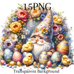 Acuarela Gnomo de Pascua y pollitos Clipart 15 PNG Primavera Clipart Flor Gnome Descarga digital Libro de chatarra Papel digital Impresiones digitales