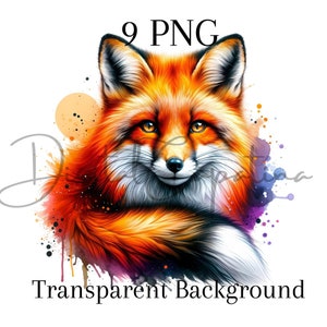 Renard aquarelle Clipart 9 PNG Renard de luxe en téléchargement numérique Technique mixte artisanat numérique Art imprimable Clipart aquarelle Clipart animal