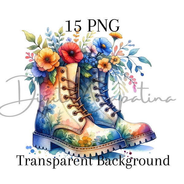Garden Boots Clipart 15 PNG Floral Watercolor Clipart Digital Download Card Making Mixed Media Digital Paper Spring Clipart Garden Clipart