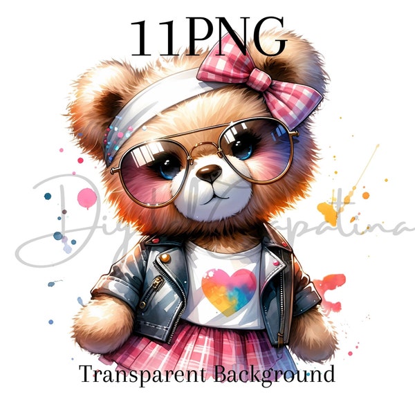 Watercolor Cool Bear PNG 11 Sublimation Shirt Hoodie Designs Digital Download Birthday Clipart, Colorful Png Transparent Background