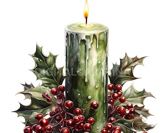 May include: A green candle with dripping wax is surrounded by holly leaves and red berries. The candle is lit and has a yellow flame.