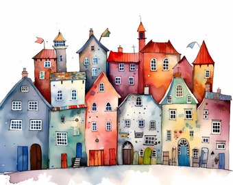May include: Watercolor painting of a whimsical village with colorful houses, each with unique details and textures. The houses are arranged in a row, creating a charming and inviting scene.