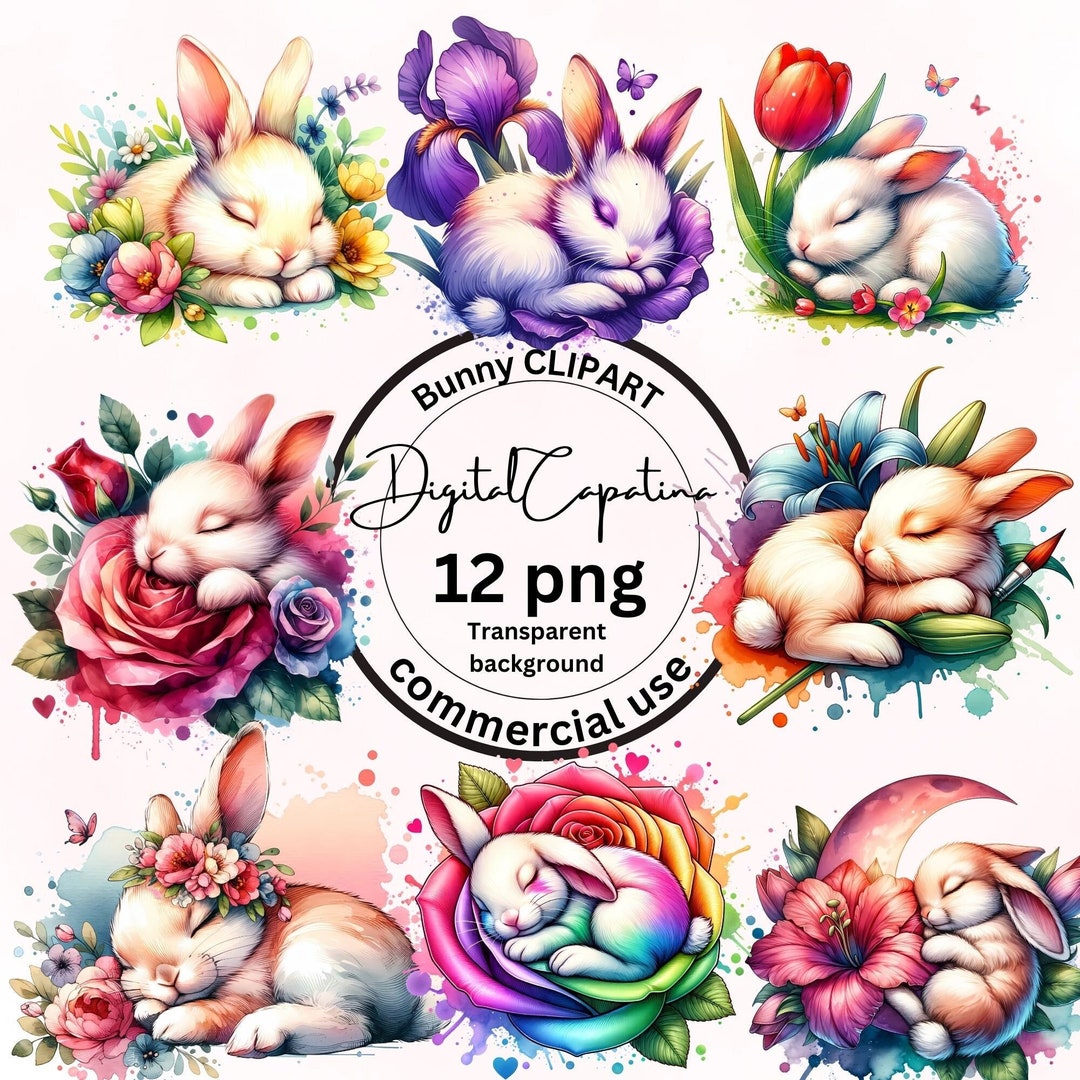 Watercolor Bunny Clipart Flowers Clipart 12 PNG Spring Clipart Digital ...