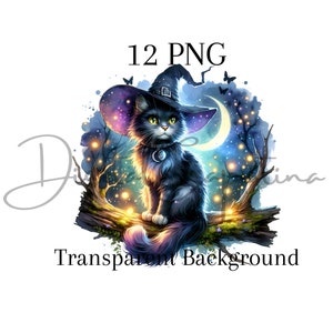 Witch Cat Clipart 12 PNG Descarga digital Medios mixtos Libro de chatarra digital Sublimación de diario basura Fondo transparente Impresiones digitales