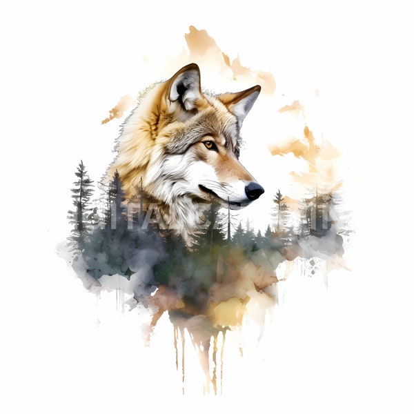 Wolf & Forest Double Exposure Clipart - Set of 10 High Quality JPGs - Commercial Use - 4096x4096 Pixels