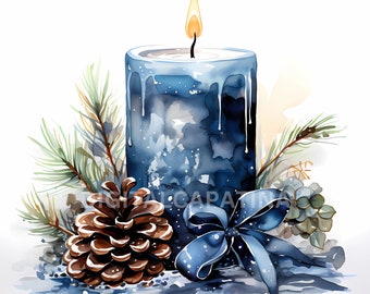 May include: A blue candle with a lit flame, surrounded by pine branches, a pine cone, and a blue ribbon. The candle has a speckled blue and white finish with drips of wax running down the sides.