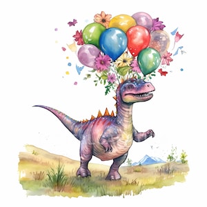 Dinosaur and Balloons Clipart 10 High Quality JPGs Watercolor Clipart, Birthday Clipart, Happy Birthday, Journaling, Digital Download