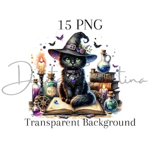 Witch Cat Clipart 15 PNG Descarga digital Medios mixtos Libro de chatarra digital Sublimación de diario basura Fondo transparente Impresiones digitales