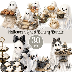 Könnte beinhalten: Eine digitale Sammlung von 30 Halloween Ghost Bakery Bundle Illustrationen mit weißen Geistern, die backen, Kuchen verzieren und Tabletts mit Gebäck, Keksen und kürbisartigen Leckereien mit schwarzen Schleifen und floralen Akzenten halten.