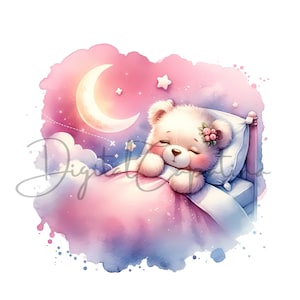 Watercolor Pink Bear Sleeping Cliparts 13 PNG Watercolor Clipart Baby ...
