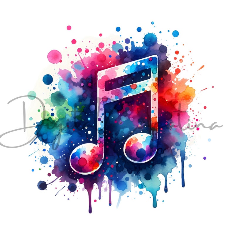 Puede incluir: Una pintura de acuarela de una nota musical en un arco&iacute;ris de colores. La nota est&aacute; rodeada de salpicaduras de pintura coloridas.