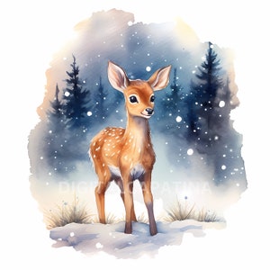 Watercolor Winter Cute Fawn Clipart 15 High Quality Jpgs, Digital ...