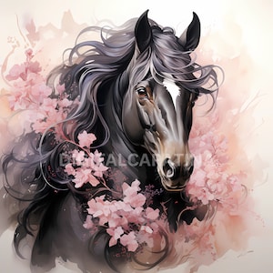 花柄の馬のクリップアート 17 高品質 JPG、デジタル ダウンロード、商用利用、4096 * 4096 ピクセル、カード作成、ミックス メディア、デジタル クリップアート