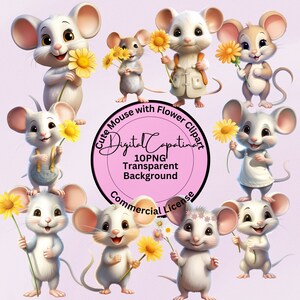 Ratón con flor Clipart 9 PNG, Imágenes prediseñadas de ratón, Descarga digital, Fabricación de tarjetas, Impresiones digitales, Artesanía de papel digital, Diario basura