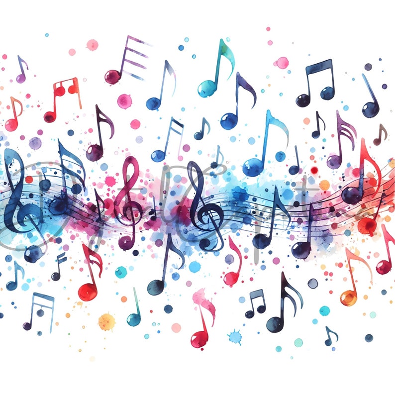 Puede incluir: Ilustraci&oacute;n de acuarela de notas musicales y claves de sol sobre un fondo blanco con salpicaduras de acuarela de colores. Las notas est&aacute;n dispuestas en un patr&oacute;n fluido, creando una sensaci&oacute;n de movimiento y ritmo.