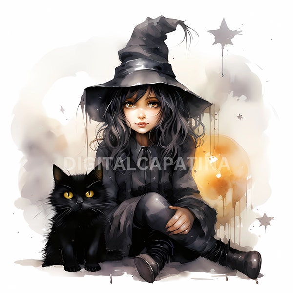 Witch with Cat Clipart 12 High Quality JPGs, Witch Cat Instant Digital Download, Card Making, Mixed Media, Digital Scrapbooking, Commercial