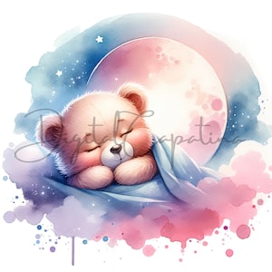 Watercolor Pink Bear Sleeping Cliparts 13 PNG Watercolor Clipart Baby ...