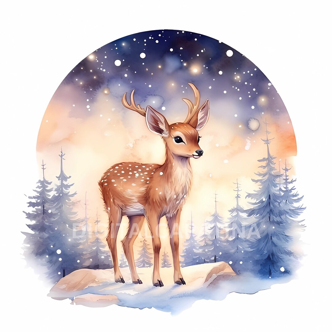 Watercolor Winter Cute Fawn Clipart 15 High Quality Jpgs, Digital ...