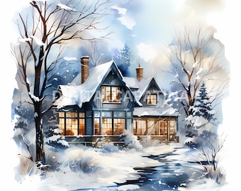 Watercolor House Clipart 12 High Quality JPGs, Watercolor Winter Clipart, Digital Download, Commercial Use, Card Making, Digital Paper Craft