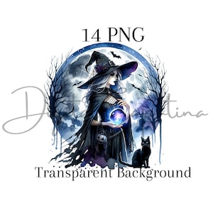Halloween Witch Clipart 14 PNG Watercolor Witch Clipart Digital Download Mixed Media Digital Paper Craft Halloween Clipart Junk Journal