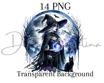 Halloween Witch Clipart 14 PNG Watercolor Witch Clipart Digital Download Mixed Media Digital Paper Craft Halloween Clipart Junk Journal