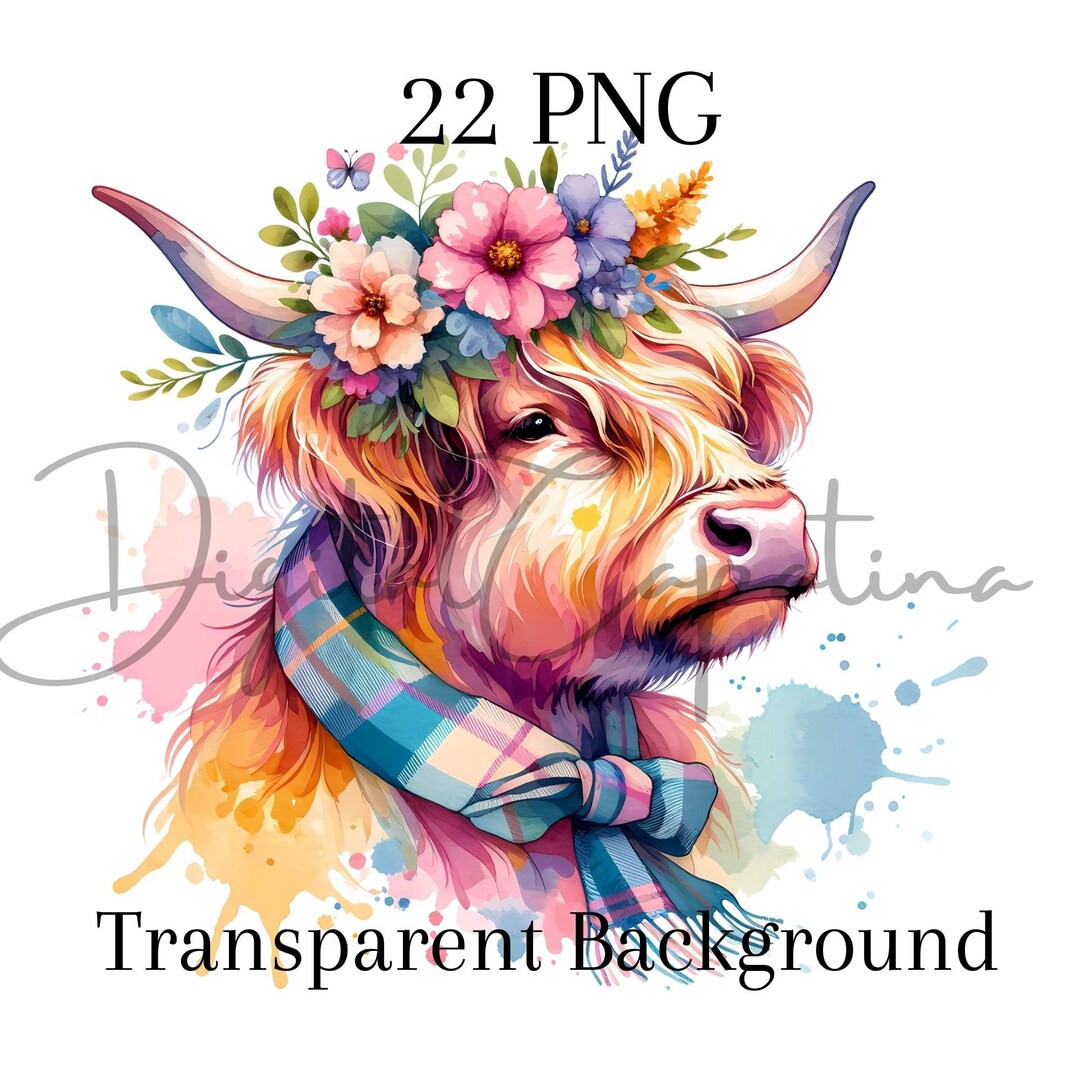 Watercolor Highland Cow With Flowers Clipart 22 PNG Cow Watercolor ...