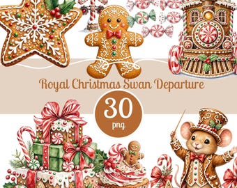 Gingerbread Christmas Clipart Bundle, Candy Train PNG, Gingerbread Mouse, Peppermint Candy Holiday Watercolor PNG Set