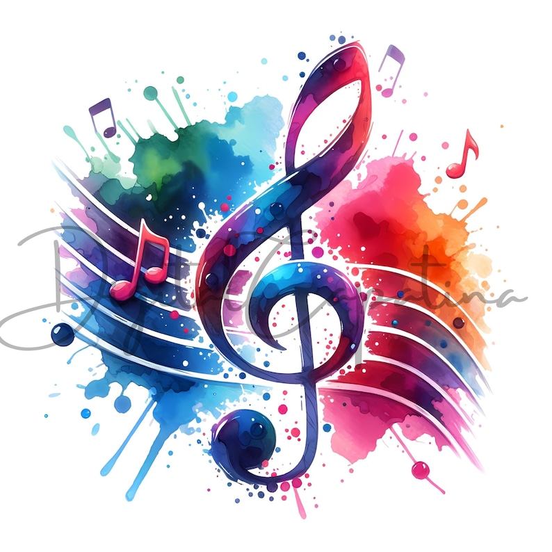 Puede incluir: Una ilustraci&oacute;n acuarela colorida de una clave de sol con notas musicales y un fondo de salpicaduras de acuarela.