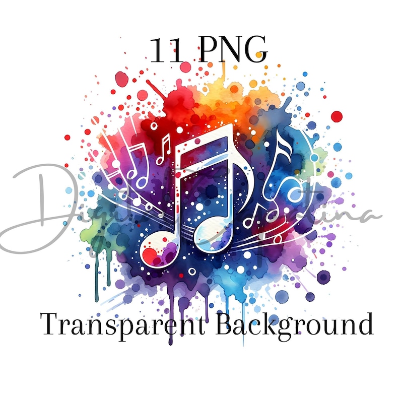 Puede incluir: Una ilustraci&oacute;n de acuarela de una nota musical con un fondo colorido. El fondo es una mezcla de rojo, naranja, amarillo, verde, azul y morado. La nota musical es blanca y est&aacute; rodeada de notas musicales m&aacute;s peque&ntilde;as. El texto "11 PNG" est&aacute; en la parte superior de la imagen. El texto "Transparent Background" est&aacute; en la parte inferior de la imagen.