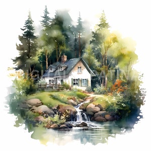 Cottages Clipart 10 JPG di alta qualità, Download digitale, Creazione di cartoline, Supporti misti, Mestiere di carta digitale, Clipart ad acquerello, Pianificatore digitale