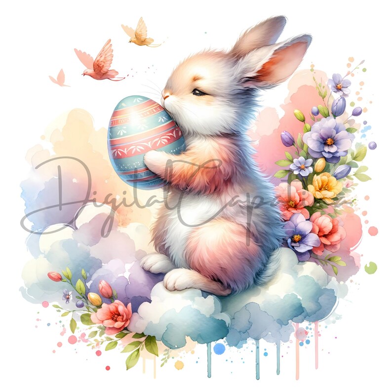 Watercolor Bunny With Eggs Clipart 12 PNG Spring Clipart Digital ...