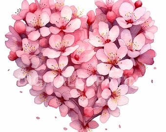 Cherry Blossom Heart Wreath Clipart 12 JPG di alta qualità, Download digitale, Clipart acquerello, Creazione di carte, Supporti misti, Carta digitale