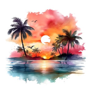 Clipart di tramonti tropicali ad acquerello 9 JPG di alta qualità, grafica digitale, creazione di carta digitale, creazione di carte, supporti misti, download digitale