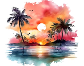 Watercolor Tropical Sunsets Clipart 9 High Quality JPGs, Digital Graphics, Digital Paper Craft, Card Making, Mixed Media, Digital Download