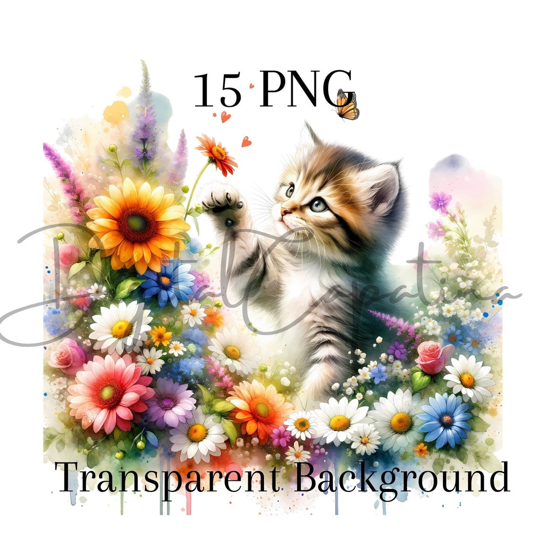 Watercolor Floral Kitten Clipart 15 PNG Digital Download Wall Art Paper ...