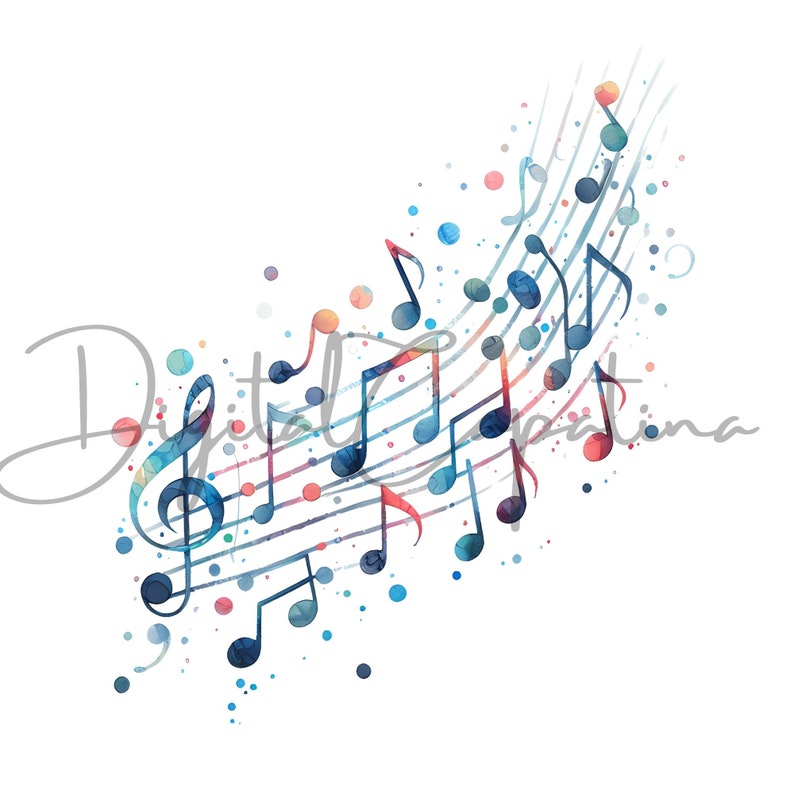 Puede incluir: Ilustraci&oacute;n de acuarela de notas musicales y una clave de sol en tonos de azul, rosa y naranja. Las notas est&aacute;n dispuestas en un patr&oacute;n fluido, creando una sensaci&oacute;n de movimiento y ritmo.