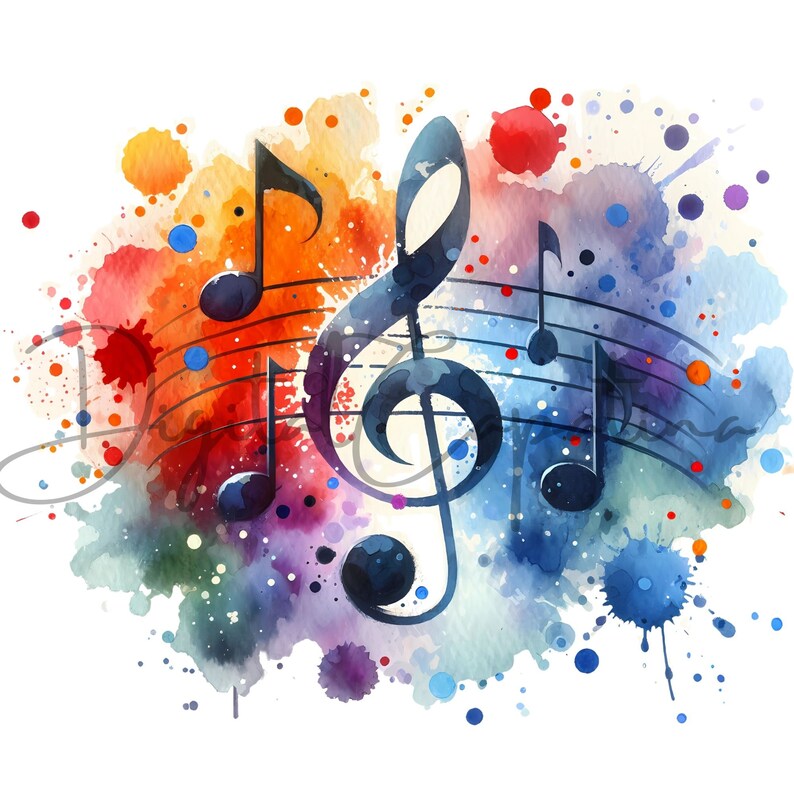 Puede incluir: Una pintura de acuarela de una clave de sol y notas musicales sobre un fondo colorido. El fondo es una mezcla de rojo, naranja, amarillo, azul, verde y morado.