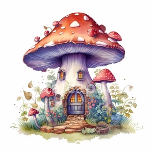 Mushroom Fairy House Illustratiebundel 12 hoogwaardige JPG's, Instant Download, Digital Crafting, Aquarel Fairy Nursery Art