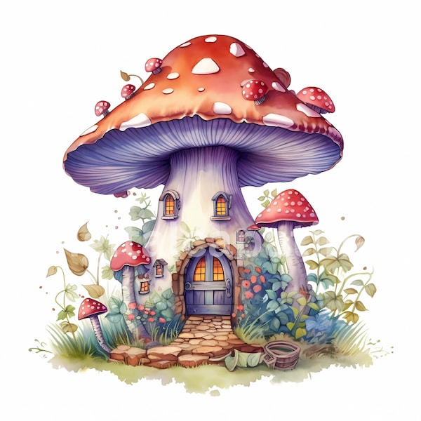 Mushroom Fairy House Illustration Bundle 12 High-Quality JPGs, Instant Download, Digital Crafting, Watercolor Fairy Nursery Art