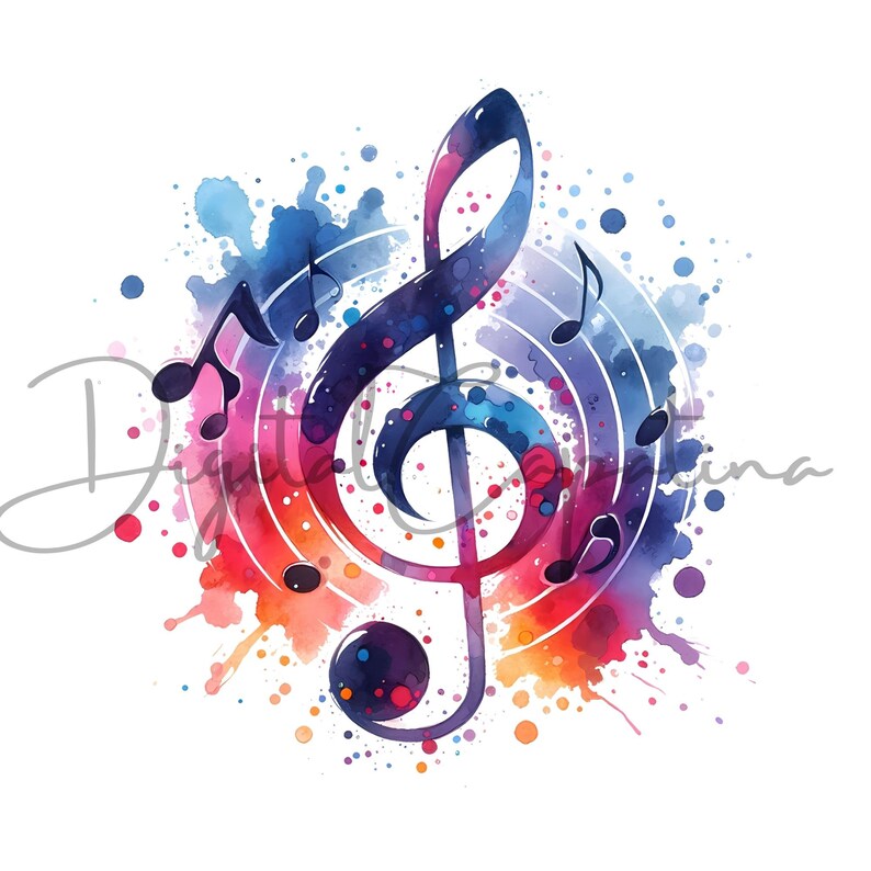 Puede incluir: Una ilustraci&oacute;n de acuarela de una clave de sol con notas musicales sobre un fondo colorido. El fondo es una mezcla de rojo, naranja, amarillo, azul y morado.