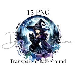 Bruja con gato Clipart 15 PNG Descarga digital Medios mixtos Libro de chatarra digital Sublimación de diario basura Fondo transparente Impresiones digitales