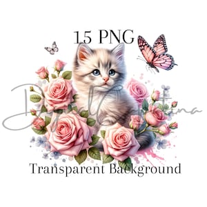 Kitty floral aquarelle en roses roses Clipart 15 PNG en téléchargement numérique Art mural en papier Artisanat technique mixte Clipart aquarelle Art imprimable Png