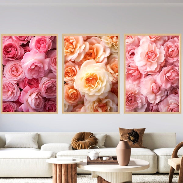 Wallart, wallart artful, set of 3, artful art, flora wall art, flora wall decor, large wall art, 3 panels,pink,orange, livingroom wall decor